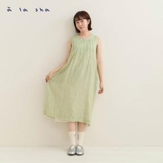 【a la sha】輕透格紋抓褶背心洋裝