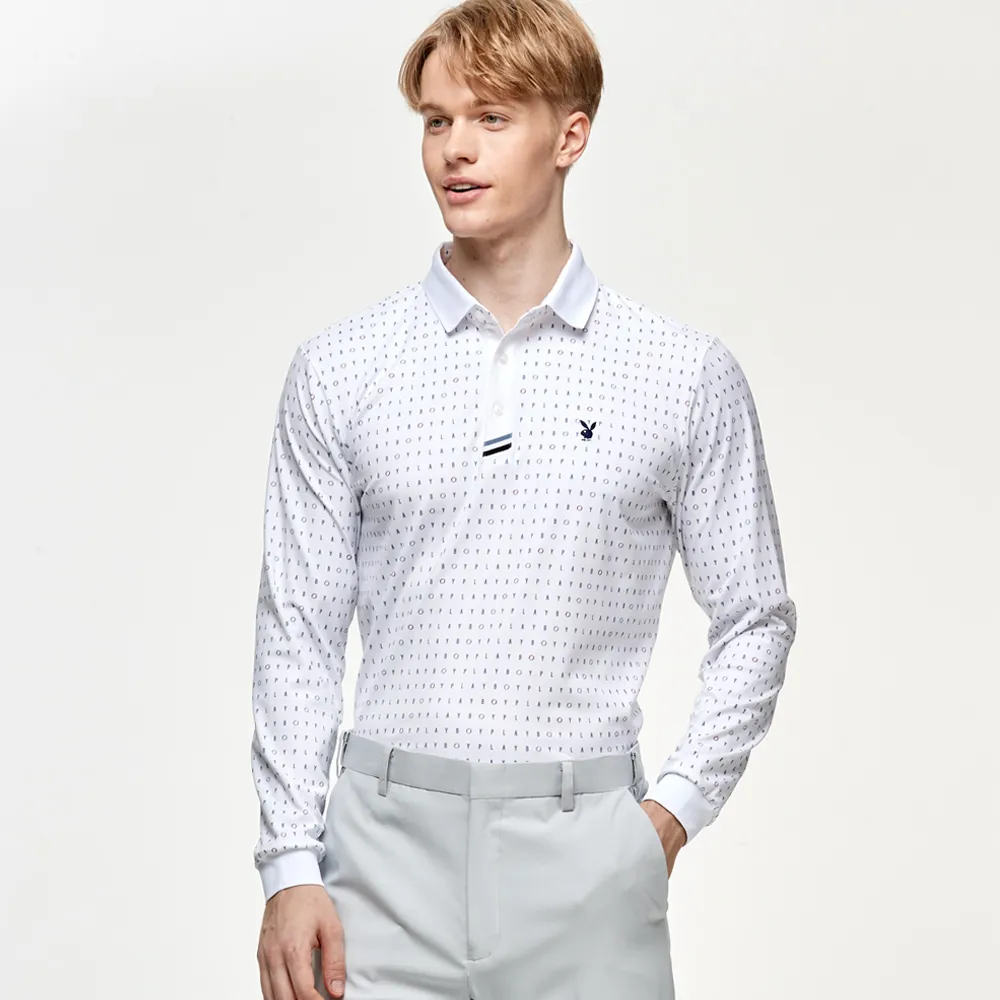 【PLAYBOY GOLF】男款滿版文字蓄熱保暖高爾夫長袖POLO衫-白(吸濕排汗/GOLF/高爾夫球衫/AA24207-87)