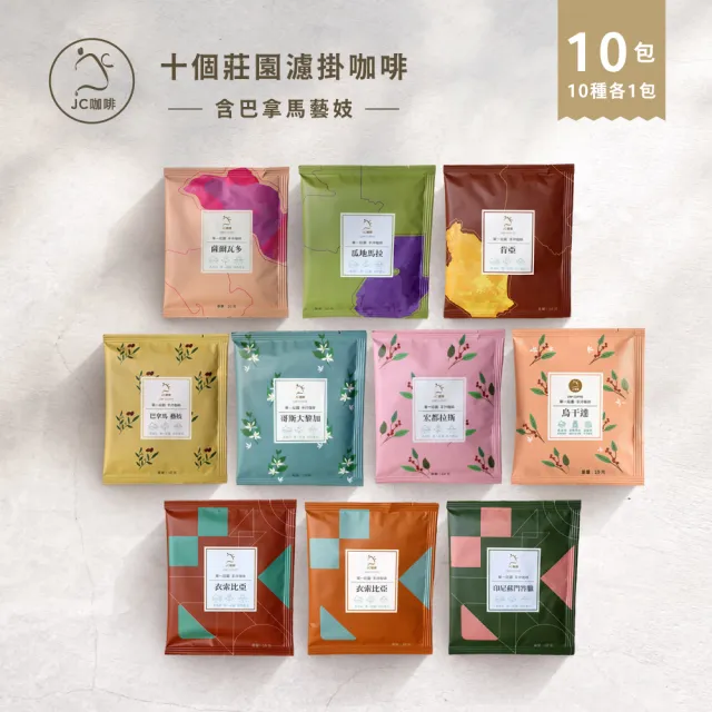 【JC咖啡】十個莊園濾掛咖啡x各1包(10gx10包;無外盒;共10包;含巴拿馬藝妓;小紙箱環保包裝)