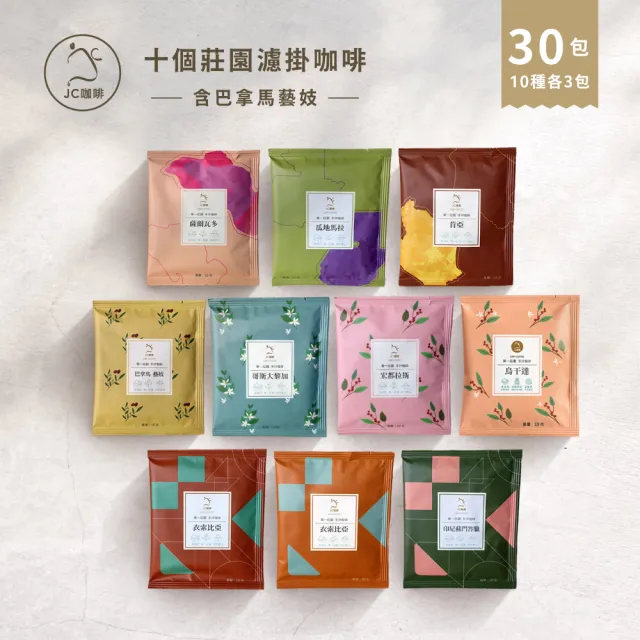 【JC咖啡】十個莊園濾掛咖啡x各3包(10gx30包;無外盒;共30包;含巴拿馬藝妓;小紙箱環保包裝)