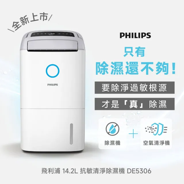 【Philips 飛利浦】2026新一級能效★14.2L抗敏清淨除濕機-星空灰(DE5306/81)