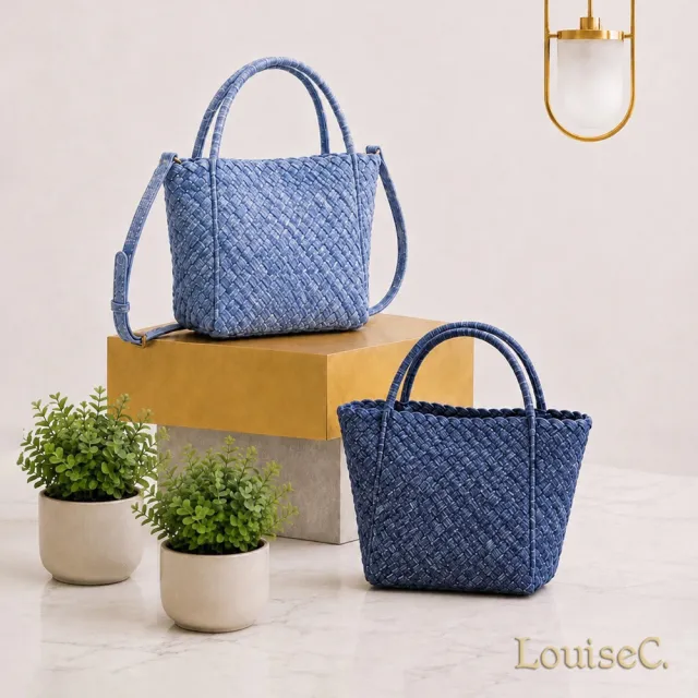 【LouiseC.】雙11 Tree House 丹寧牛仔布 可拆式子母包 刷白手工編織 托特TOTE 手提斜背小包 2色 CC2428-09