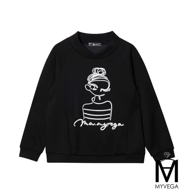 【MYVEGA 麥雪爾】MA太空棉法式女伶刺繡造型領休閒上衣-黑