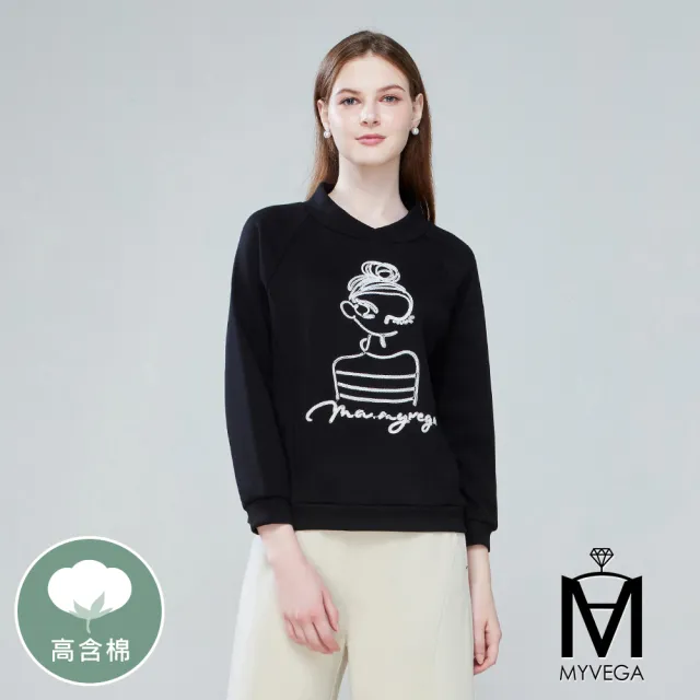 【MYVEGA 麥雪爾】MA太空棉法式女伶刺繡造型領休閒上衣-黑
