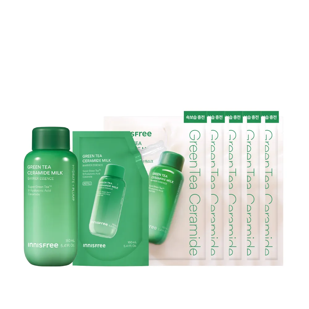 【innisfree】綠茶牛奶水精華密集補水組(牛奶水320ml+面膜5片/神經醯胺、玻尿酸)