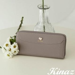 【KINAZ】牛皮防盜刷幸運小花ㄇ型拉鍊長夾-茶香暖語-花夾系列