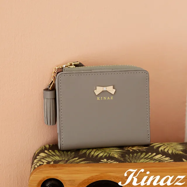 【KINAZ】牛皮防盜刷流蘇吊飾蝴蝶結獨立零錢袋短夾-芝麻奶酥-蝴蝶曲奇系列