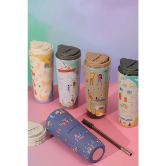 【Titanium 鈦造】純鈦跳跳杯 跳跳愛畫畫 城市漫遊系列 800ml(保溫瓶 台灣鈦杯 鈦金屬 長效保溫 環保杯)