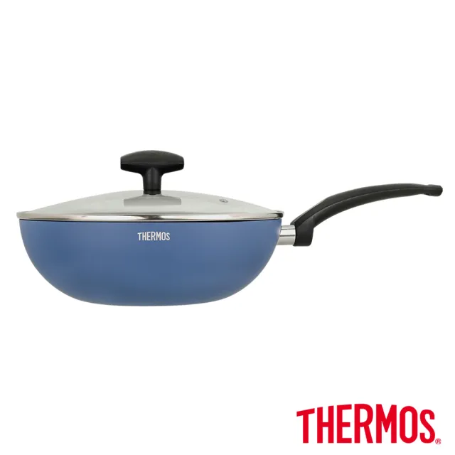 【THERMOS 膳魔師】獨家2入_迷霧星空不沾單柄附蓋炒鍋28cm+不沾鍋專用矽膠鍋鏟(TJP-28W-BL+Z-UTN-CT-BL)