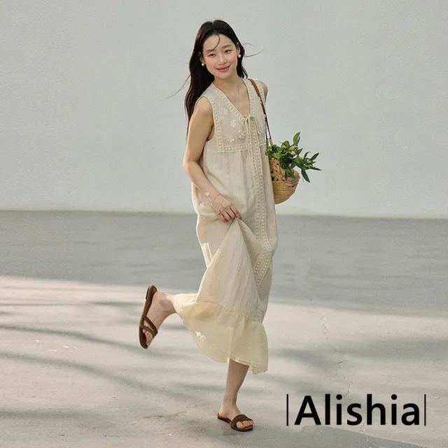 【Alishia】復古時尚拼接質感雕花V領背心連身裙 背心裙 洋裝 F(米色)