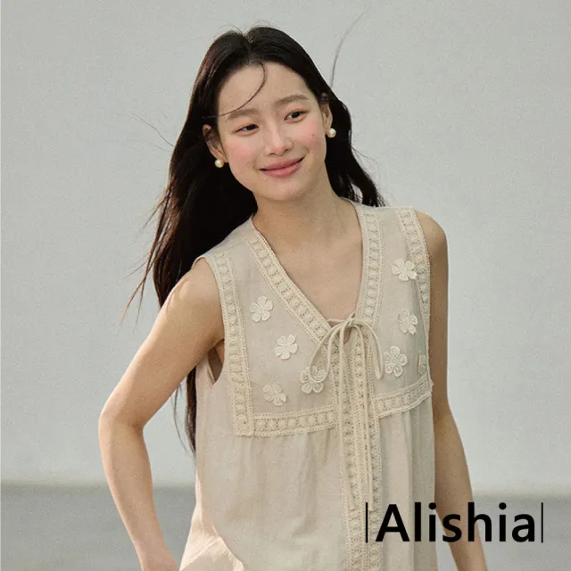 【Alishia】復古時尚拼接質感雕花V領背心連身裙 背心裙 洋裝 F(米色)