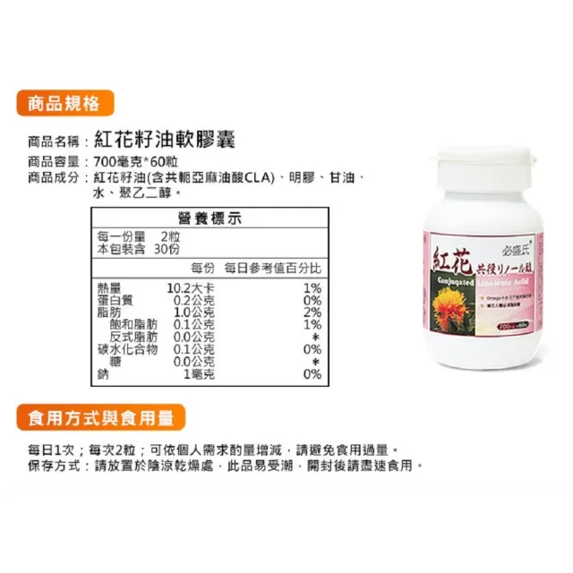 【草本之家】紅花籽油CLA軟膠囊3入組60粒/入(紅花共軛亞麻油酸)