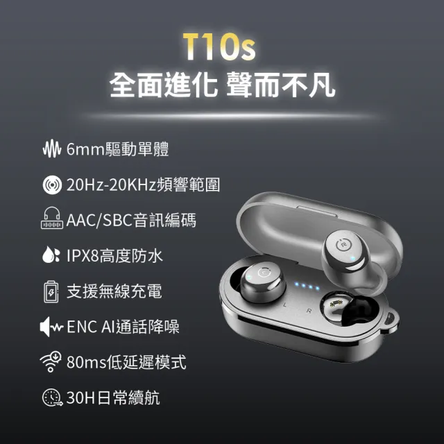 【TOZO】新升級!T10S降噪運動立體聲真無線AI智慧藍牙耳機(專屬APP/通話降噪/無線充電/防水IPX8)