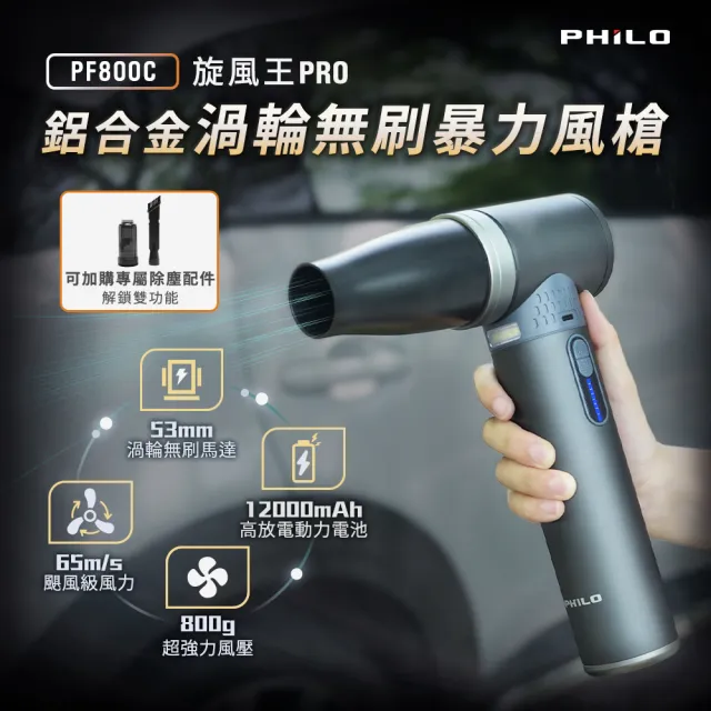 【Philo 飛樂】贈送大全配2入組 PF800C 12000mAh 鋁合金渦輪無刷暴力風槍 /洗車吹水/鼓風機/強風機/吹葉機