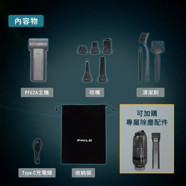 【Philo 飛樂】2入組贈大全配 PF52A 渦輪無刷暴力風扇 (洗車吹水 打蠟 吹乾 吹塵 居家清潔除塵器 強風機