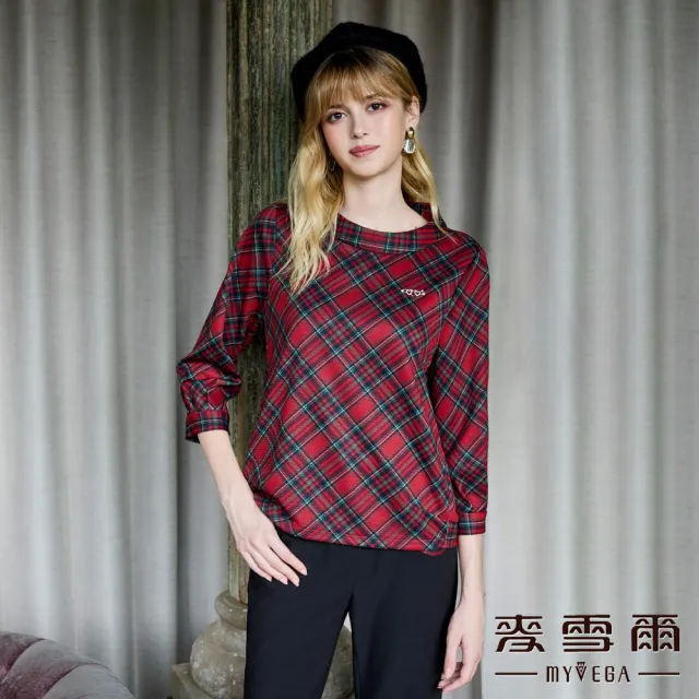 【MYVEGA 麥雪爾】MIT愛心點綴紅綠格紋彈性上衣-紅