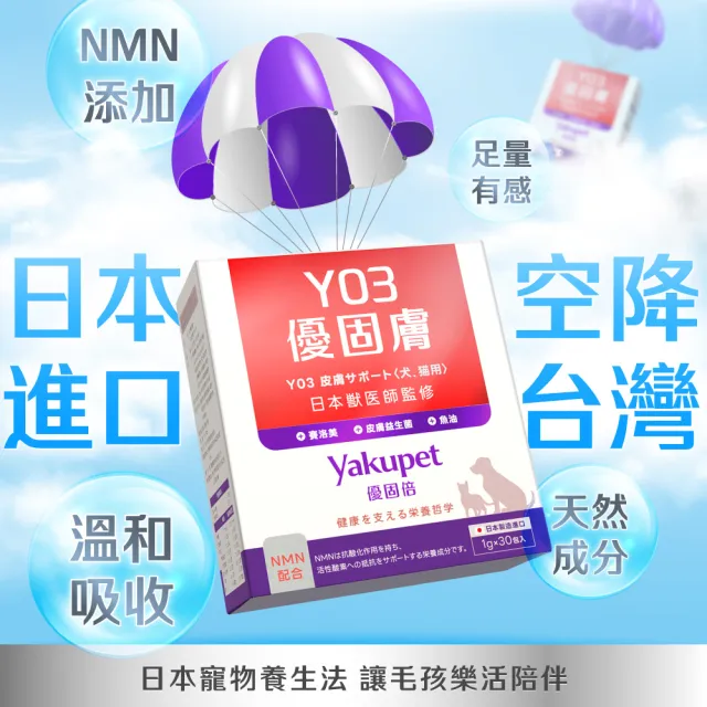 【Yakupet 優固倍】Y03優固膚 1盒組30包(狗貓皮膚保健食品 含魚油、賽洛美、酵母NMN、褐藻醣膠、菊苣纖維)