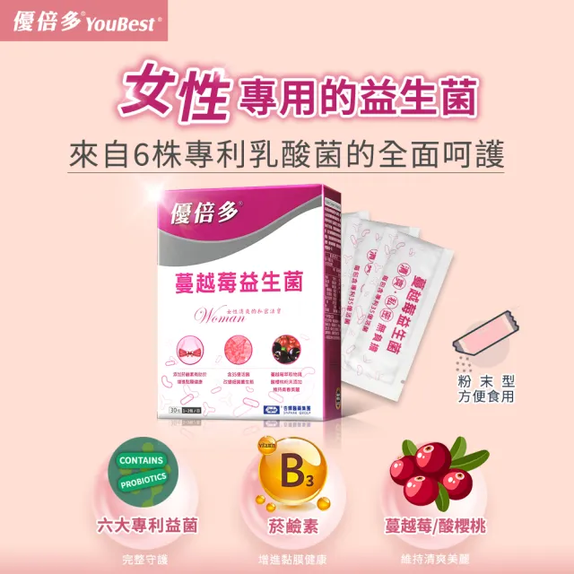 【YouBest 優倍多】蔓越莓益生菌(30包/盒-順暢益生菌.保證35億活菌.菸鹼素 專利私密益菌 女性專用益生菌