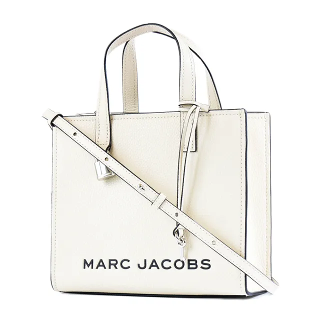 【MARC JACOBS】黑色LOGO荔枝紋手提/斜背二用鎖頭包-米白/小
