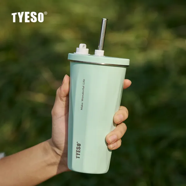 【TYESO】日規設計 雙色漸層鑽石吸管彈跳隨行杯470ml(折疊吸管/防漏/304不鏽鋼/保溫/保冷/附提手底套)