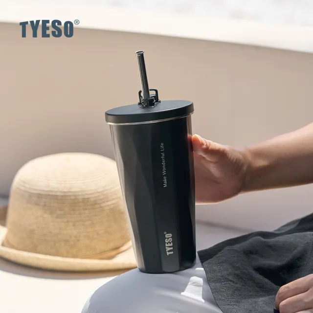 【TYESO】日規設計 雙色漸層鑽石吸管彈跳隨行杯470ml(折疊吸管/防漏/304不鏽鋼/保溫/保冷/附提手底套)