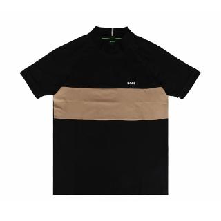 【BOSS】BOSS 印花白字LOGO棉混紡立領拉鍊拼接插肩袖Polo衫(男款/黑x咖)