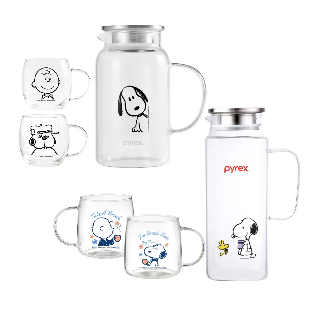 【CorelleBrands 康寧餐具】PYREX SNOOPY耐熱玻璃水壺1壺2杯組(一壺二杯/冷水壺)-兩款任選