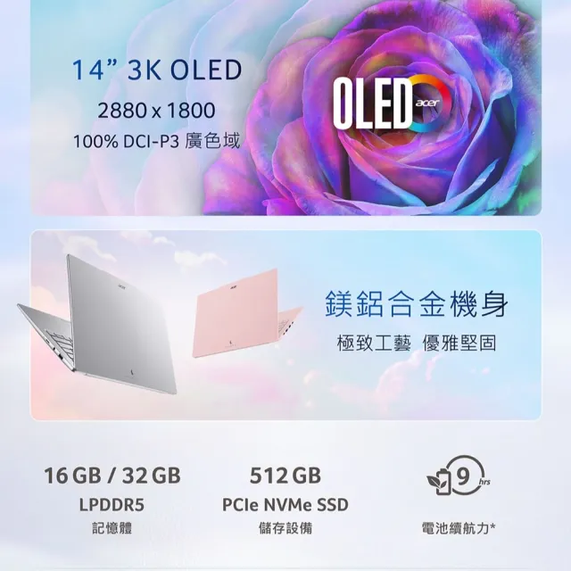 【Acer】筆電包/羅技鼠★14吋極致輕薄3K OLED AI筆電(Swift Air/SFA14-71M-52EM/Ultra 5-125H/32G/512G)