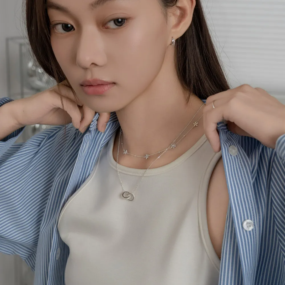 【vacanza】925純銀飾品|立體鑲鑽雙圈 純銀項鍊 (抗過敏 七夕禮物 生日禮物)