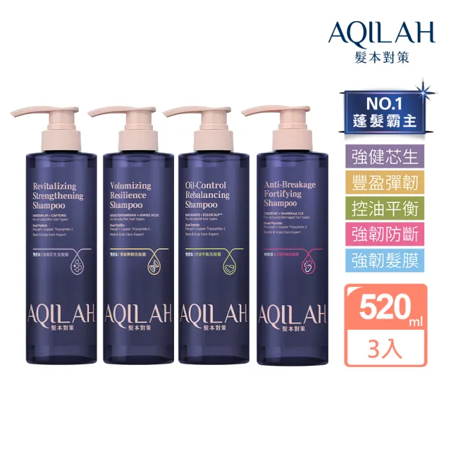 【美吾髮】AQILAH髮本對策 雙胜肽強健芯生洗護髮3入組(520ml/強健/豐盈/控油/去屑/奇蹟小藍瓶)
