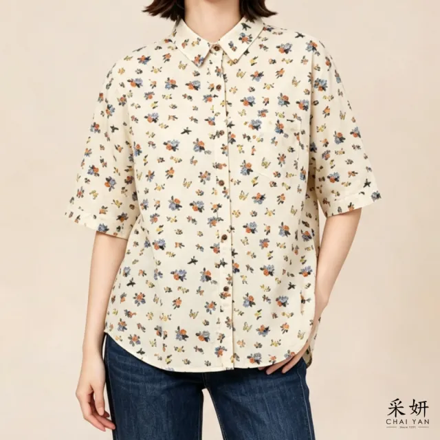 【CHAI YAN 采妍】滿版小花棉麻短袖襯衫(春夏女裝/中大尺碼/休閒/專櫃)