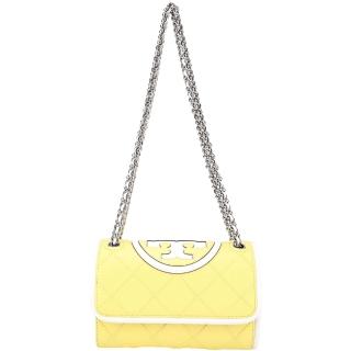 【TORY BURCH】Fleming 小款 鑽石紋拼漆皮可滑動鍊帶肩/斜背包(檸檬黃 鍊包 真皮 TB)