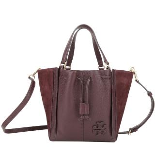 【TORY BURCH】McGraw Dragonfly 雙T縫線荔紋牛皮拼麂皮束口肩背包(酒紅色 兩用包 TB)