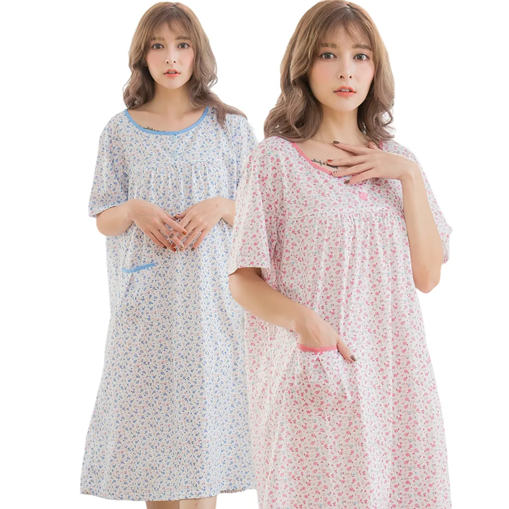 【lingling日系】PA3309大尺碼-滿版印花棉質短袖長版連身睡衣 居家服睡裙(PA3309-共4款)