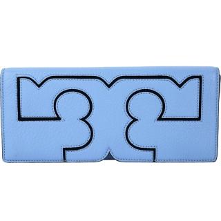 【TORY BURCH】Serif T LOGO 浮雕荔紋牛皮手拿包(藍色 真皮 TB)