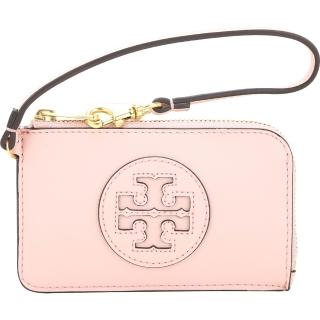 【TORY BURCH】Ella Bio 可吊掛雙T徽標皮革拉鍊卡片夾 零錢包(粉色 卡夾 TB)