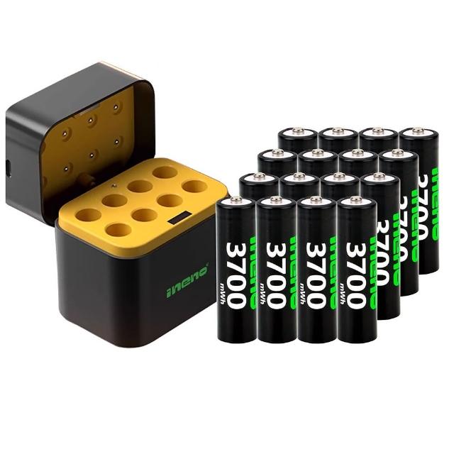 【iNeno】3號/AA 恆壓可充式1.5V鋰電池全新特大能量3700mWh16入+3號8槽 AI隨身收納盒充電器