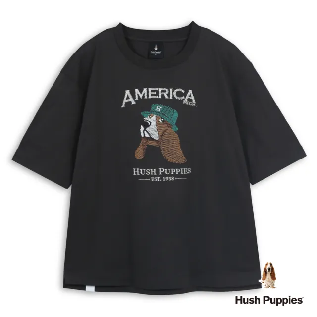 【Hush Puppies】男裝 T恤 漁夫帽狗線條刺繡寬版T恤 (深灰 / 64111104)