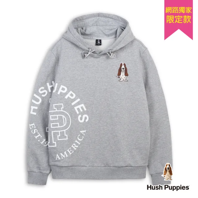 【Hush Puppies】男裝 帽T 立體品牌字刺繡狗帽T (麻灰 / 64102901)