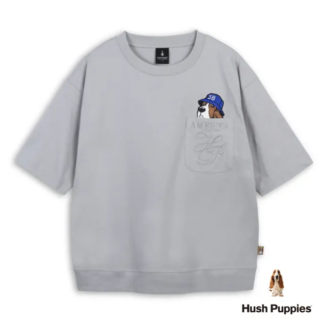 【Hush Puppies】男裝 T恤 口袋漁夫帽狗刺繡寬版T恤 (淺灰 / 64111103)