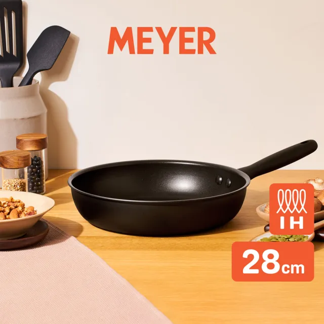 【MEYER 美亞】全黑陽極陶瓷 平底鍋28cm 不沾鍋 鎧甲系列(IH/電磁爐適用)