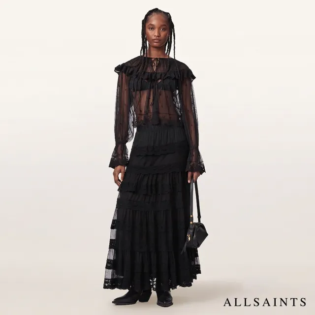 【ALLSAINTS】MAGGIE 多層蕾絲薄紗拼接長裙-黑 W100RF(常規版型)