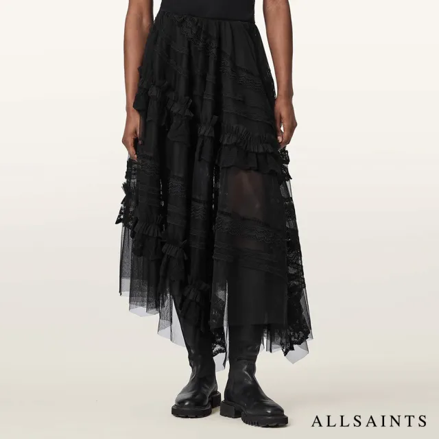 【ALLSAINTS】JEN 工藝蕾絲荷葉拼接中長裙 W084RE(正常版型)