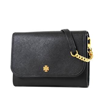 【TORY BURCH】防刮十字紋翻蓋鍊帶斜背WOC包-黑色