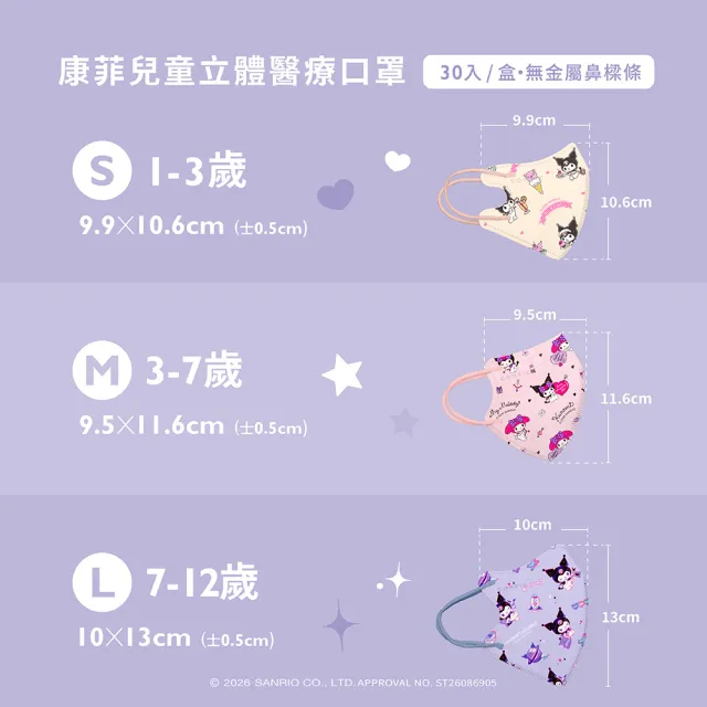 【COMFIZ 康菲】康菲酷洛米兒童3D立體醫療口罩_30入/盒(1-12歲適用/無鼻樑條)