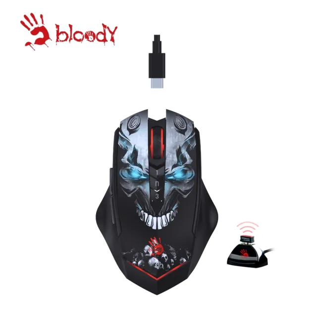 【A4 Bloody 雙飛燕】R80光微動鋰充無線電競滑鼠_鬼臉(已激活/附接收器加贈USB充電線)