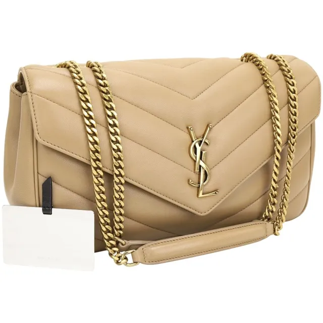 【YSL】Saint Laurent LOULOU MATELASSE 中型 金字絎縫羊皮信封式鍊帶肩斜背包(卡其)(腋下包 雙鍊)