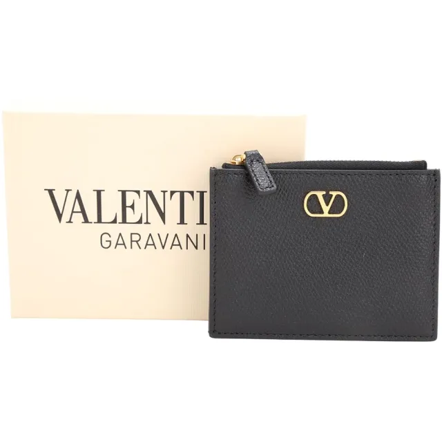 【VALENTINO 范倫鐵諾】VLogo 壓紋小牛皮3卡卡片夾/零錢包(黑色)(L型拉鍊 防刮 薄型 男夾)
