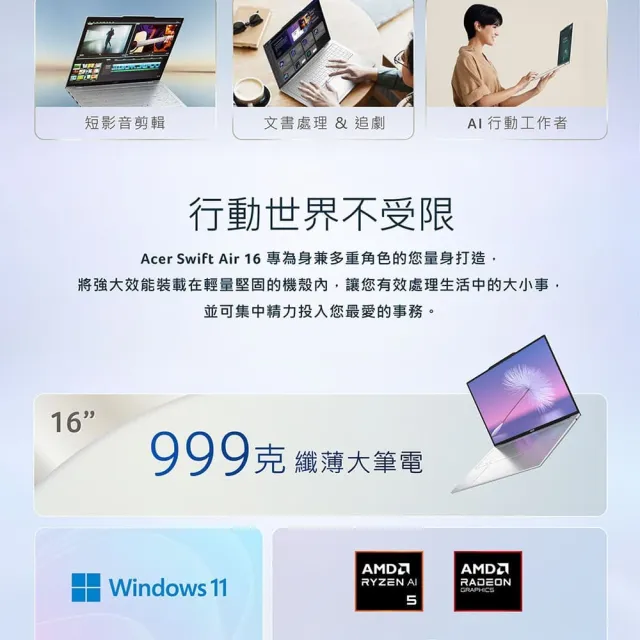 【Acer 宏碁】16吋Ryzen AI 5 999g輕薄 AI 筆電-月銀白(Swift Air/SFA16-61M-R1PA/R5-330/16G/512G/W11)
