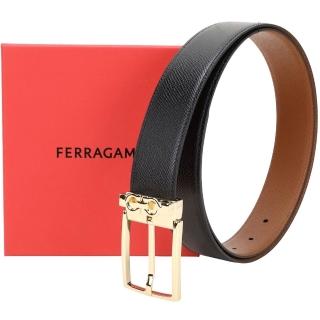 【Salvatore Ferragamo】GANCINI 38mm 金方釦馬蹄環防刮牛皮雙面腰帶(黑x棕色)(真皮皮帶 可旋轉)